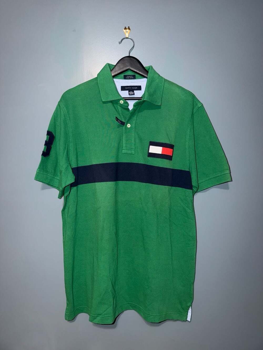 Tommy Hilfiger Custom Fit Green Polo Shirt with Navy Stripe and Flag Logo
